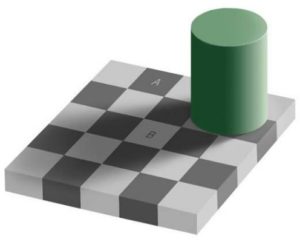 A checkerboard with a large green cylinder on top of the gameboard, casting a shadow on the board. The shadow makes the pieces appear darker, so much so that the lighter 