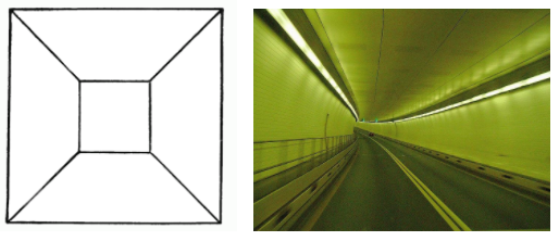 The drawing on the left shows a large square with a smaller square on the inside and lines connecting the corners of the inner and outer square. The secong image shows the inside of a tunnel.