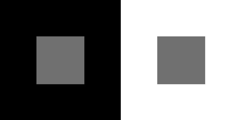 A dark black square with a gray square in the center next to a white square with a gray square in the middle. The black surrounding the gray makes the gray appear lighter than with the white background.