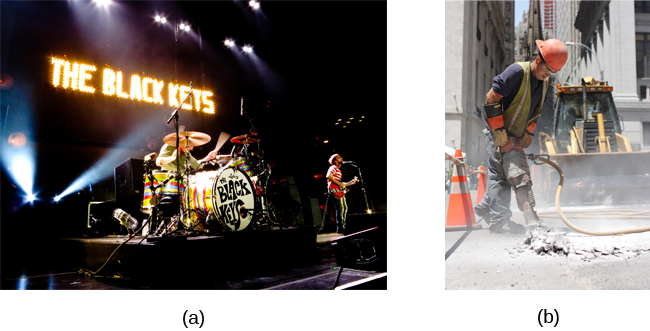 Photograph A shows a rock band performing on stage and a sign reading “The Black Keys.” Photograph B shows a construction worker operating a jackhammer.