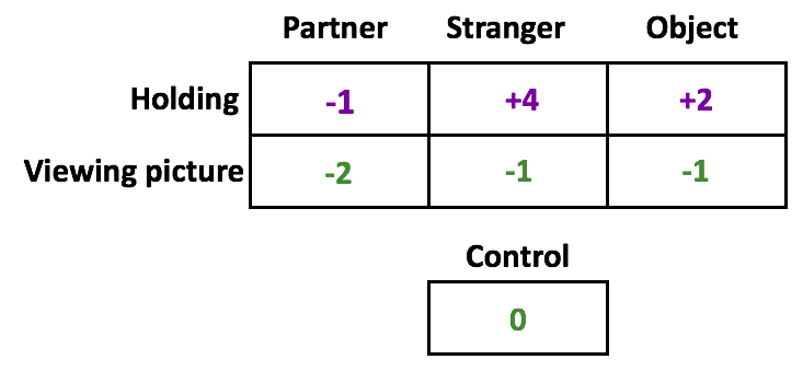 A participant's ratings as compared to the original control. When holding her partner's hand, the score is -1. It is +4 for a stranger and +2 for an object. It is -2 when viewing her partner's picture, -1 when looking at a stranger and -1 when looking at an object.
