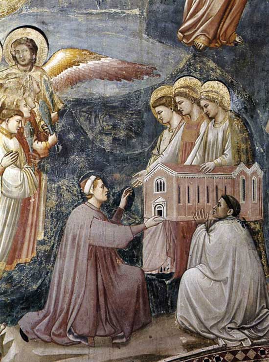 Enrico kneeling on the ground before the three Virgins, who all have halos.