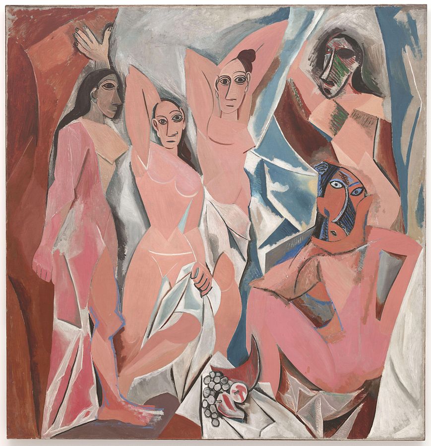 Five female nudes. The painting is abstract, with each woman appearing more abstract than the previous. Four women start, leaning against the white and peach background. The white has the feeling of a hanging sheet, and has blue highlights. One woman crouches on the ground. Her face is almost entirely abstracted, with her nose taking up a third of her face. On the ground in front of her is some fruit.