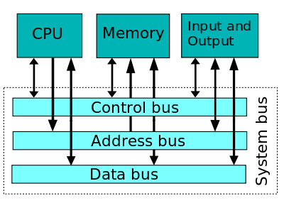 System bus diagram showing the correlation between CPU, Memory, and Input and Output. 