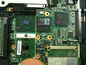Image showing the location of pieces on the motherboard. The NB is in the upper-left corner, the GPU in the center, and the SB in the upper-right. The CPU is below the NB on the left side.