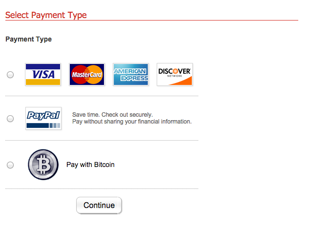 Screen shot of online payment options: Visa, Master Card, American Express, Discover, and PayPal.