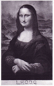 A copy of the Mona Lisa with a mustache.