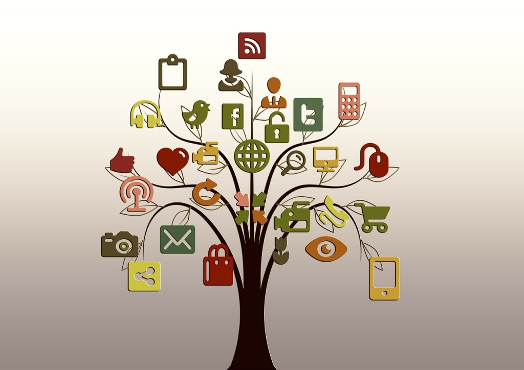 tree graphic with many Internet symbols/icons hanging from the tree's branches: a camera, the twitter logo, the facebook logo, an email icon, etc.